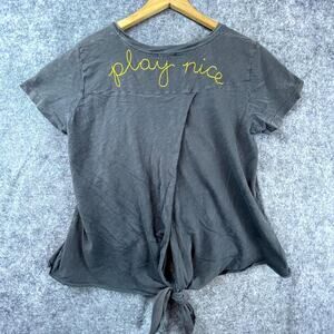 Sundry T-Shirt Womens 3 Gray Play Nice Embroidered Short Sleeve Back Tie Casual